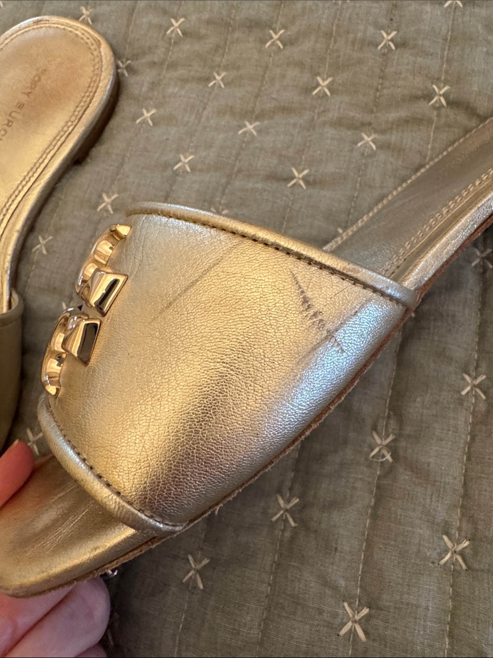 Tory Burch Gold Logo Slide Sandals - Metallic Leather - Picture 5 of 9